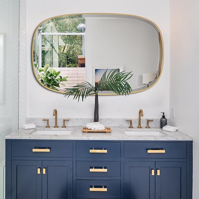 POZINO Brushed Gold Beveled Mirror, 24"x40" Modern Rectangle Mirrors with Stainless Steel Frame, Brass Oblong Vanity Wall Mirror for Bathroom Living Room Entryway, Hangs Vertically or Horizontally