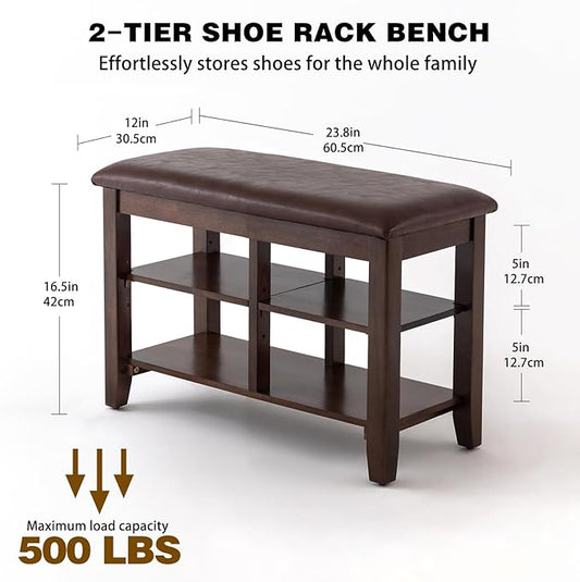 PY HOME & SPORTS Shoe Rack for Entryway 23.6": 2-Tier Shoe Storage Bench, Adjustable/Removable Shelves, Rubberwood Shoe Benches for Hallway, Porch, Bathroom, Brown