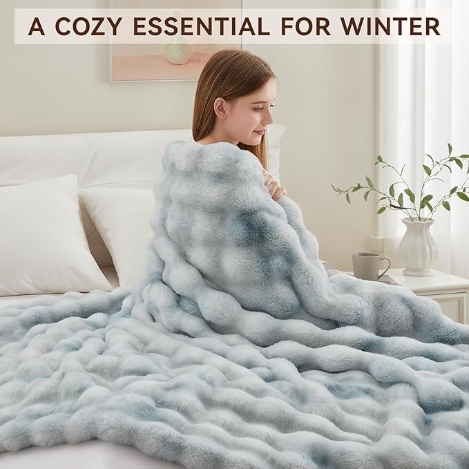 Faux Fur Throw Blanket, 1000GSM Fluffy Soft Bubble Blanket for Couch Bed, Cozy Plush Warm and Thick Blanket, Fuzzy Rabbit Throw for Living Room Bedroom 50''*60'' Tie-dye Blue