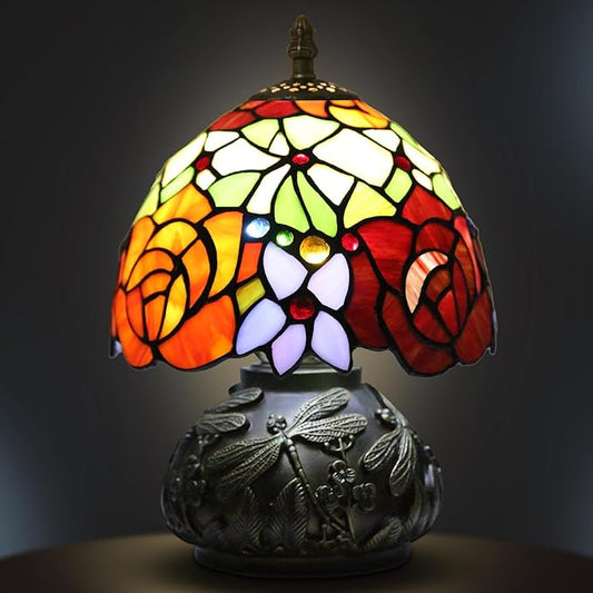 Small Tiffany Table Lamp,Stained Glass Lamp,8 Inch Mushroom Style Mini Vintage Desk Lights for Bedside, Bedroom,Nightstand,Living Room,3 Color Temperature (Tow Tone Rose)