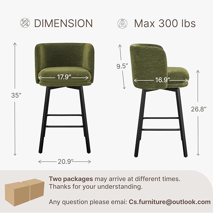 26" H Counter Height Swivel Bar Stools Set of 4, Barrel Counter Stools with Backrest, Linen Fabric Upholstered Barstools with Metal Legs for Kitchen Island,Green
