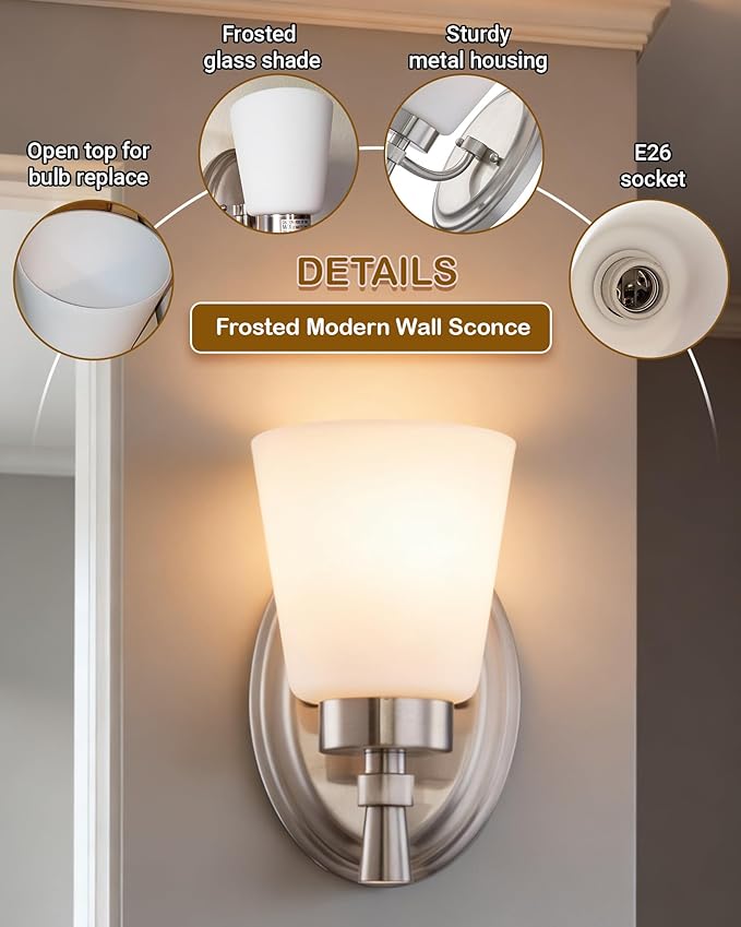 GRUENLICH Wall Sconces for Bathroom, Brushed Nickel Vanity Light Fixture Over Mirror, Set of 2 Hardwired Sconce with Frosted Glass Shades for Bedroom, Living Room, Modern Home Decor