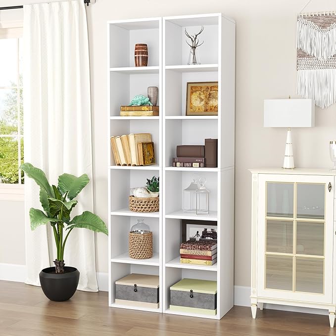 71.5" Tall Bookshelves and Bookcases Set of 2, 6 Tier Display Storage Shelves Home Decor Furniture for Home Office, Living Room, Bed Room (White, 11.8" Narrow)