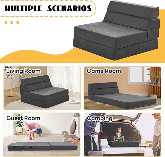 jela Foldable Sofa Bed Large Soft Foam Convertible Sleeper Chair Luxury Miss Fabric Fold Out Chair Bed Floor Couch with Back Support Floor Sofa for Living Room Bedroom (83"x33",Dark Gray) | breathable material