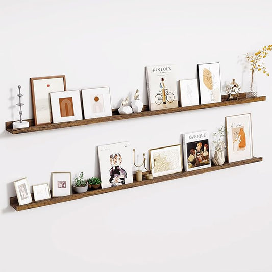 Fun Memories Long Wall Shelves Set of 2-72 Inch Floating Shelves for Wall - Picture Ledge Shelf with Lip for Storage - Wall - Mounted Shelves for Bedroom - Living Room - Kitchen - Rustic Brown