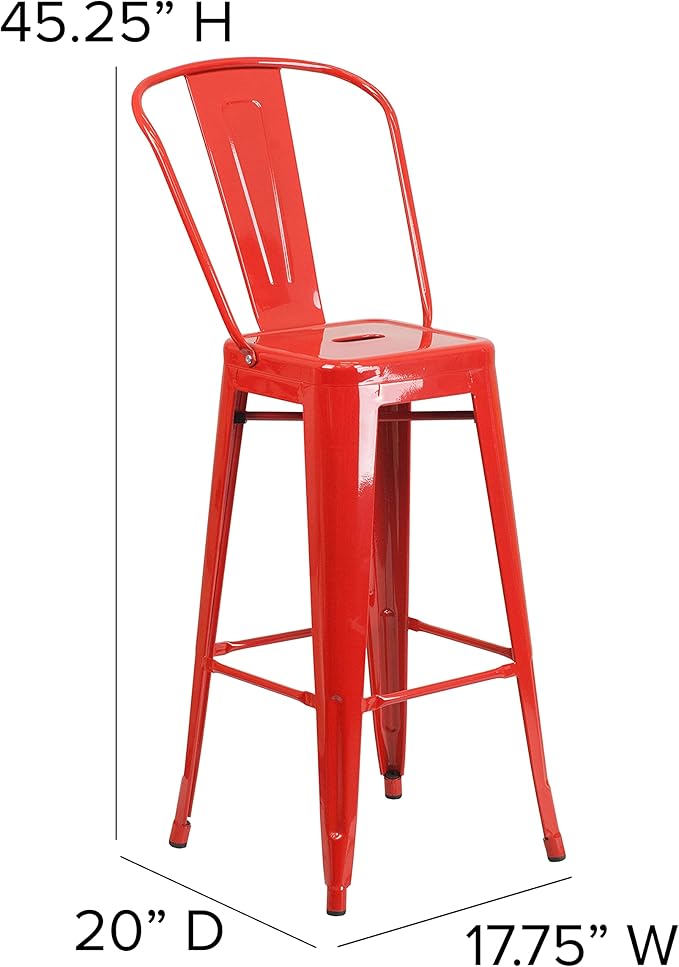 Flash Furniture Commercial Grade 30" High Red Metal Indoor-Outdoor Barstool with Removable Back