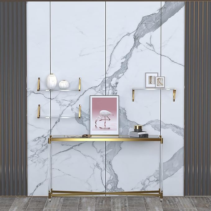 Gold Floating Shelves Crystal-Clear Acrylic Floating Shelves,Sturdy Thickness 10mm(0.4inch) Acrylic Shelves for Wall Decor,Gold Shelving for Living Room Decor Set of 3.