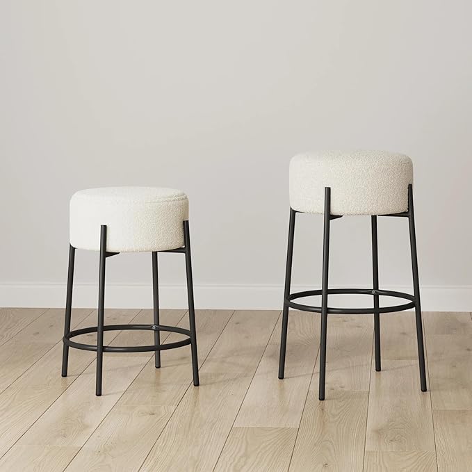 Nathan James Isaac 24" Modern Backless Bar Stool with Round Soft Padded Boucle Seat and Metal Mid-Century Base, Boucle White/Black