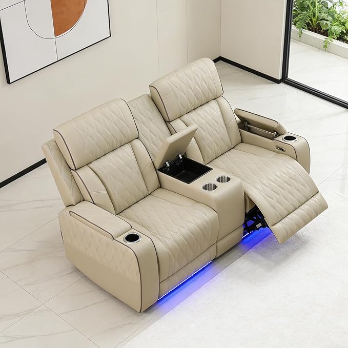 Leather Power Recliner Loveseat, Living Room Furniture Sets, Home Theater Reclining Sofa Loveseat, 2 Seater Reclining Couch with Cup Holders/Charging for Living Room/Bedroom/Office, Khaki