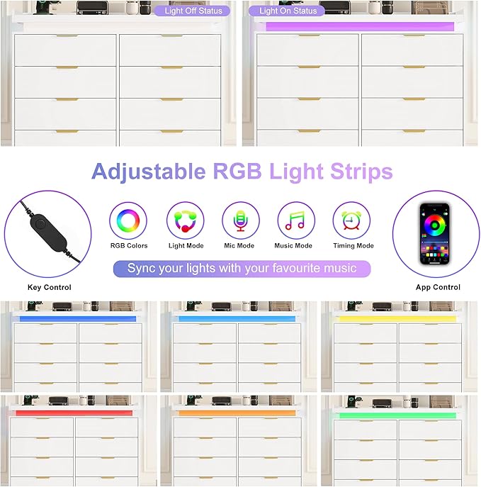 8 Drawer Dresser for Bedroom, White Dresser with LED Lights and Power Outlet, Wooden Dressers Chests of Drawers, Double Wide Dressers for Bedroom, Entryway, Hallway