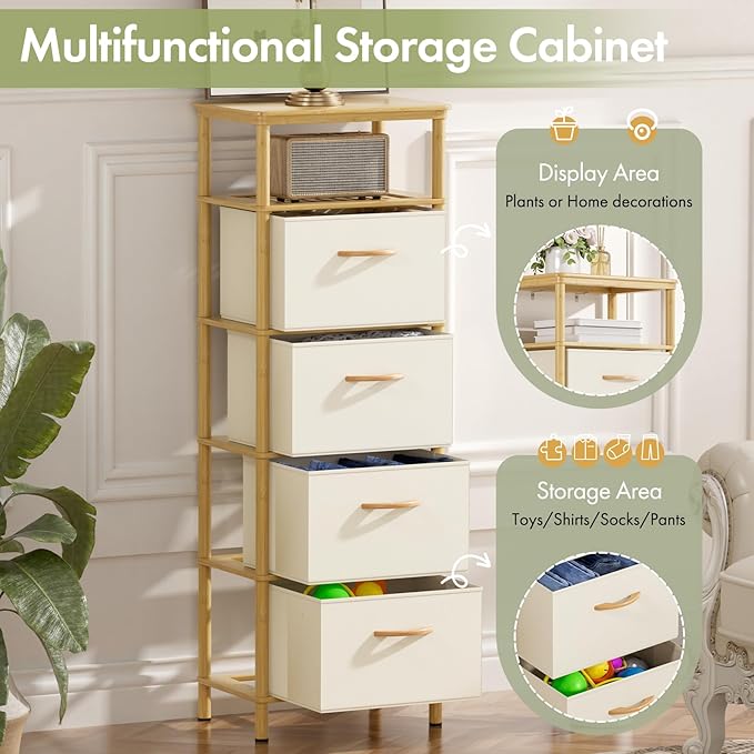 Bamboo Tall Skinny Dresser, Small Space Storage Narrow Dresser, 4 Large Water-Resistant Fabric Drawers, Small Dressers, for Bedrooms, Living Rooms, Hallways