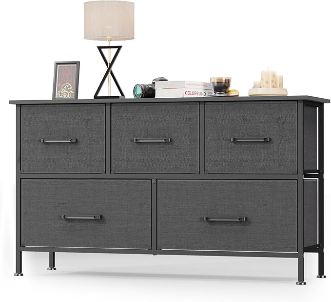 FDW 5 Fabric Drawers Dresser for Bedroom,Chest Organizer Units with Steel Frame and Wooden Top for Bedroom,Closet,Living Room, Entryway,Grey