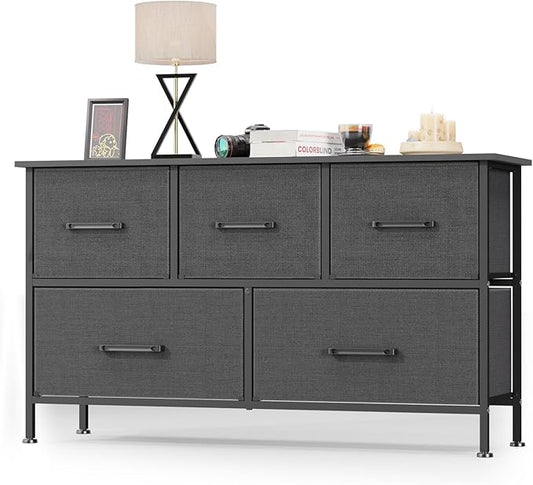 FDW 5 Fabric Drawers Dresser for Bedroom,Chest Organizer Units with Steel Frame and Wooden Top for Bedroom,Closet,Living Room, Entryway,Grey