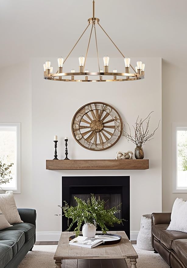 Kira Home Homestead 48" 16-Light Large Rustic Farmhouse Wagon Wheel Chandelier, Round Kitchen Island Light, Cool Brass Finish