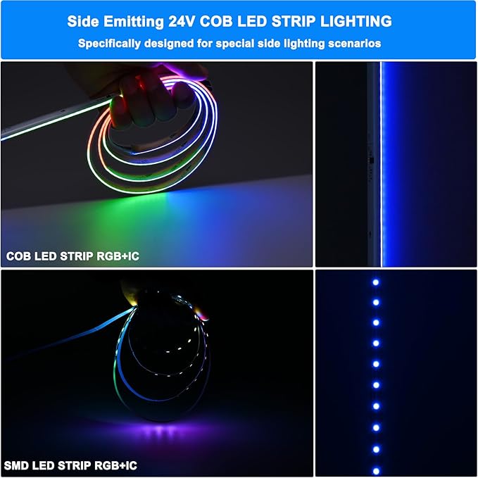 TOPAI 24V COB LED Strip RGB Smart IC, WS2811 Side Emitting 630LEDs/M High Density, 16.4FT, 8mm Width, Self Adhesive Backing, Flexible Multi Color Lighting for Home Decor
