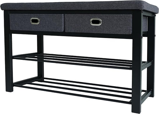 Finnhomy Entryway Shoe Rack with Cushioned Seat, Shoe Bench for Entry, 3-Tier Shoe Storage Organizer with 2 Drawers, Gray