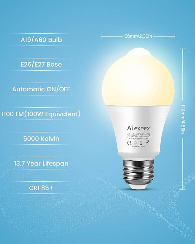 Motion Sensor Light Bulbs, 13W(100W Equivalent) 1100lm Auto Dusk to Dawn LED Bulb, A19 E26 Motion Activated Lightbulb 2700K Soft White Indoor Lighting for Closets Entryways Hallways 2 Pack