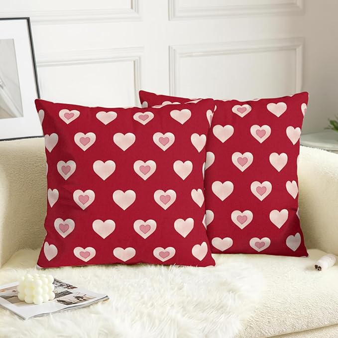 Valentine Day Outdoor Throw Pillow Covers 16x16 Set of 2 Red Pink Heart Pillows Cases Valentines Decorative Cushion Covers for Bed Couch Sofa Living Room