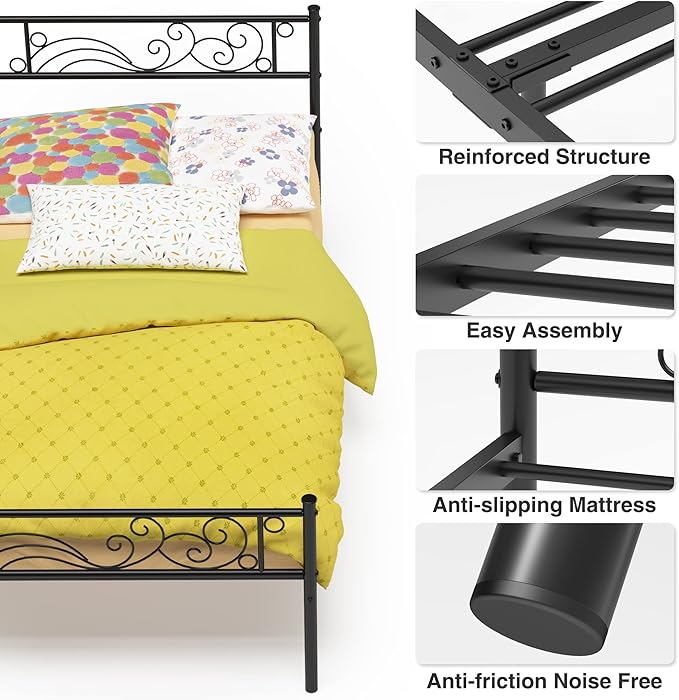 Weehom Metal Twin Bed Platform Frame Heavy Duty Steel Slat Under Bed Storage Bed Frame with Headboard, Black