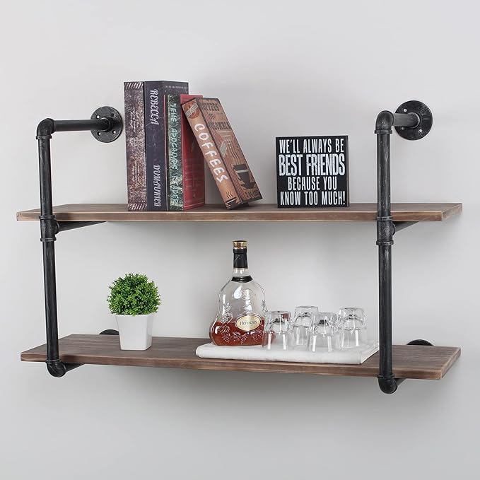 MBQQ Industrial Pipe Shelving Wall Mounted,36in Rustic Metal Floating Shelves,Steampunk Real Wood Book Shelves,Wall Shelf Unit Bookshelf Hanging Wall Shelves,Farmhouse Kitchen Bar Shelving(2 Tier)