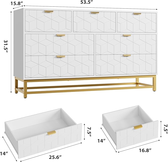 GAOMON Dresser for Bedroom, 53.5" Wide Dresser Organizer, 7 Drawer with Golden Metal Handle and Legs, Modern Chest of Drawers for Closet, Hallway, Living Room, Entryway, White