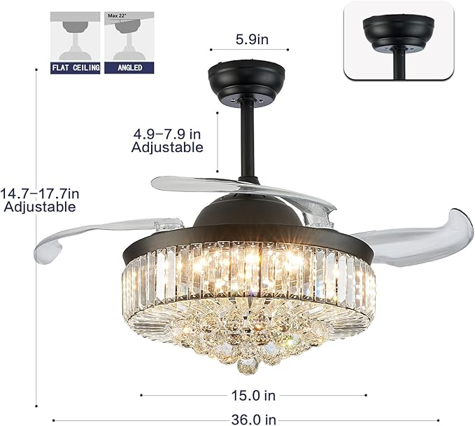 DuMaiWay 42" Dimmable Fandelier Crystal Ceiling Fans with Lights and Remote, Retractable Blades Chandelier Ceiling Fan for Living Room, Bedroom, Dining Room-Black