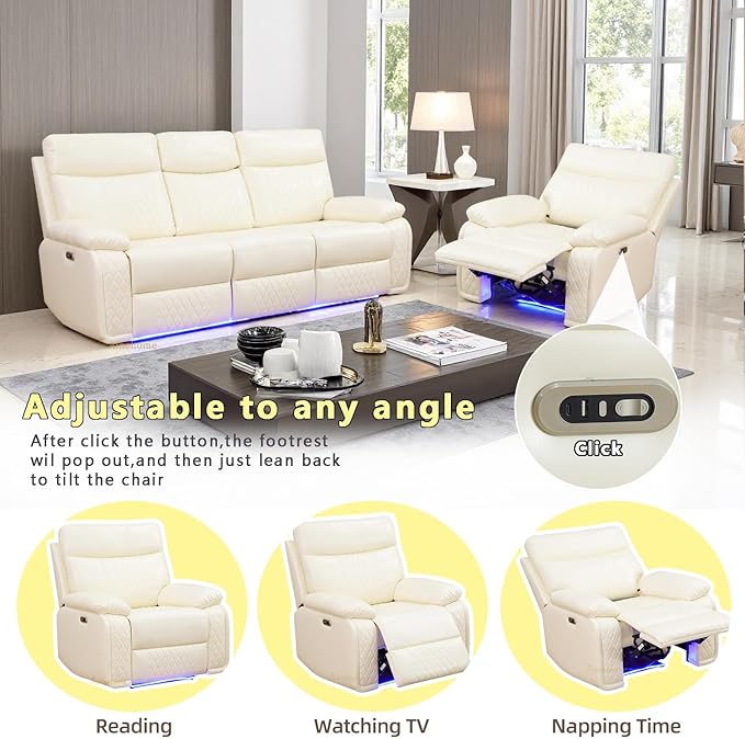A Ainehome Power Leather Recliner Sofa Set with LED Lights, Recliner Sofa Sectional Couches for Living Room, Reclining Couch, Chair with USB Port/Storage Console