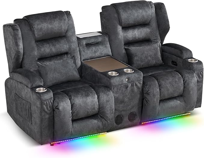 SAMERY Loveseat Recliner Sofa, Power Reclining Loveseat Sofa, Wall Hugger Recliners RV Couch with Console, Lift-Top Table, Rhythm & Ambient LED Lights, USB-C, Outlets, Velvet, Gray | Extra Wide Seat, Plush Padding, Dual Power Recline, Lift-Up Table, Am...