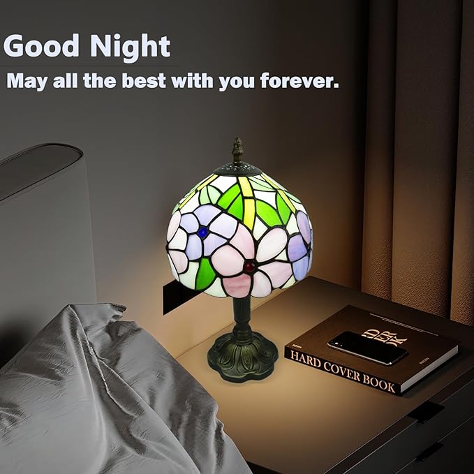 Crefotu Tiffany Style Table Lamp, 3 Color Temperatures Bedside Lamp, 8 Inch Stained Glass Desk Light for Home Office Bedroom Living Room (4 Flower Pattern)