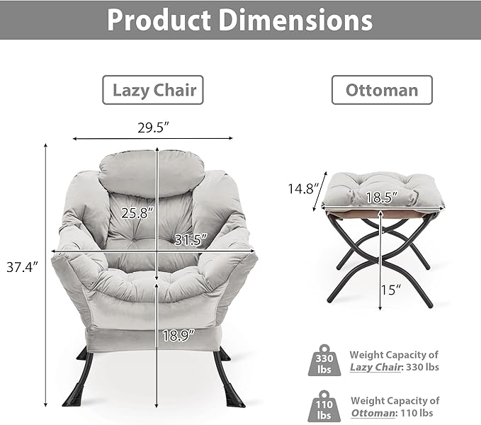 Lazy Chair with Folding Ottoman, Accent Chair Velvet Upholstered with Metal Structure and Non-Slip Pads, Sofa Armchair with Footrest and Side Storage Bag for Dorm, Room, Office, Light Gray