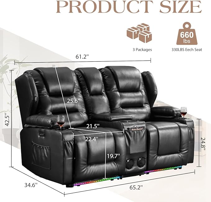Oprisen Loveseat Power Recliner Sofa Couch Electric Reclining Sofa Chair for Living Room with Multi-Function Console/Cup Holders/LED Ambient Light