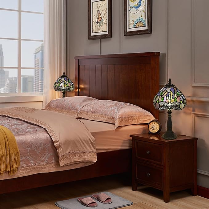 Tiffany Small Table Lamp Blue Dragonfly Hand-Made Stained Glass Table Lamps for Bedroom 8.5X8.5X15 Inch Night Light Bedside Nightstand Home Office Desk Lamp W/ E12 LED Bulb