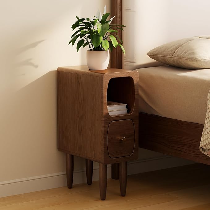 Solid Wood Skinny Nightstand Slim Nightstand with Drawer,Modern Narrow Bedside Table,Narrow Skinny Side Table for Bedroom,Walnut