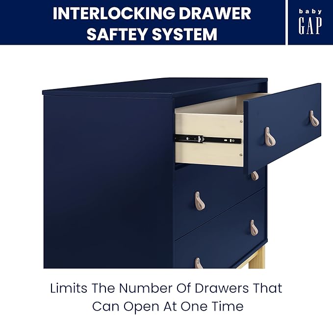 babyGap Legacy 3 Drawer Dresser with Leather Pulls and Interlocking Drawers by Delta Children, Navy/Natural