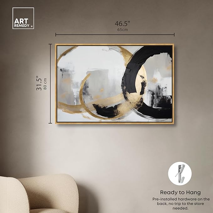 Art Remedy Another Dimension Canvas Modern Black White Abstract Wall Art, Gold Frame, 45" x 30"