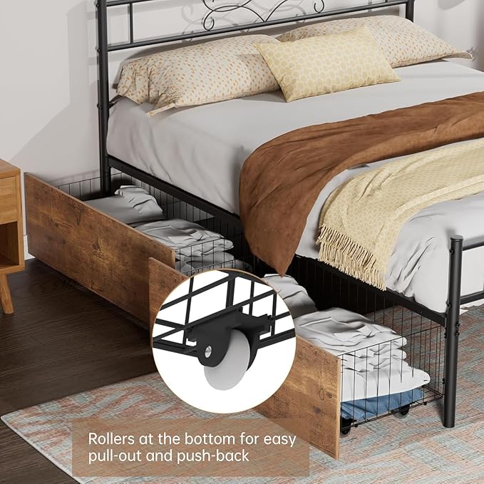 VECELO Queen Size Metal Platform Bed Frame with Headboard and 4 Storage Drawers/Steel Slat Support/No Box Spring Needed/Easy Assembly