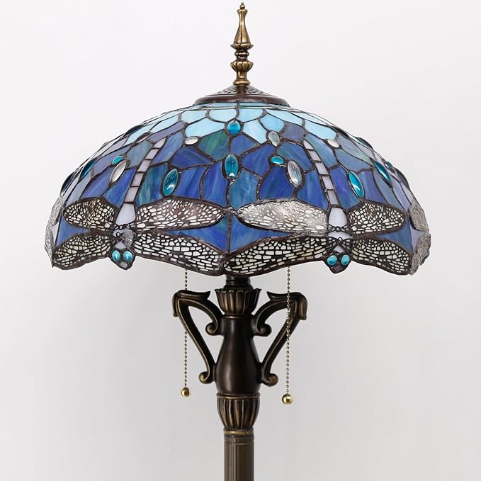 Tiffany Floor Lamp Blue Dragonfly Stained Glass Standing Reading Light 16X16X64 Inches Antique Pole Corner Lamp Decor Bedroom Living Room