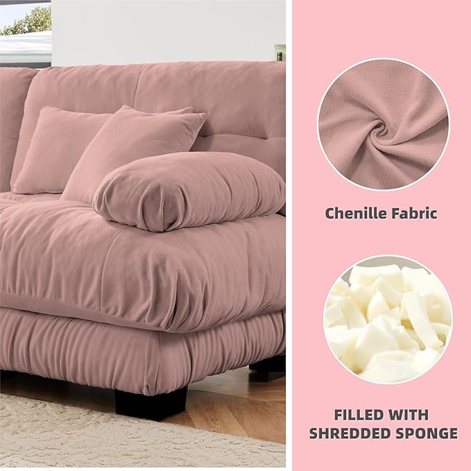 173.2" U-Shaped Cloud Couch, Oversized Modular Sectional Sofa, Deep Seat Cloud Boneless Couch, 4-Seat Modular Sectional Sofa with 2 Ottoman or Living Room,Bedroom and Apartment, Pink