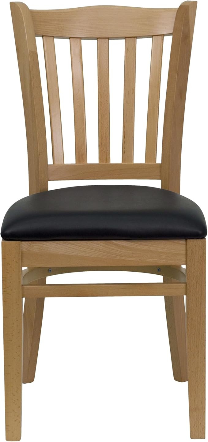 Flash Furniture HERCULES Series Vertical Slat Back Natural Wood Restaurant Chair - Black Vinyl Seat