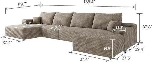 Eafurn Oversized Modular Sectional Sofa Couch with Movable Ottoman,Plush Corduroy Convertible U/L Shaped Boneless Couch with Left Facing Chaise,Deep Seat High-Density Foam Floor Sofa for Living Room