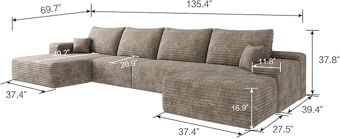 135" U Shaped Boneless Couch with Ottoman, Convertible Sleeper Compression Sofa, Corduroy Couch Sectional for Living Room Bedroom, Deep Seat Foam Cloud Sofas No Assembly, Right Facing Chaise, Camel