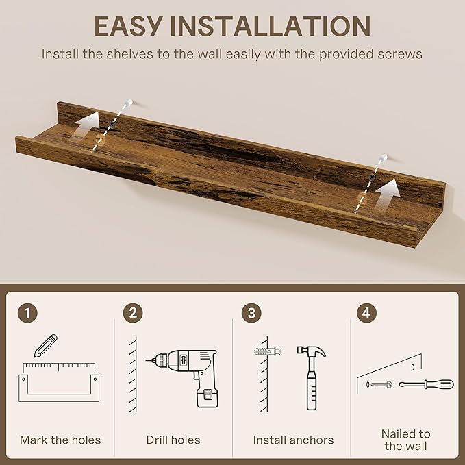 Fun Memories Long Wall Shelves Set of 2-72 Inch Floating Shelves for Wall - Picture Ledge Shelf with Lip for Storage - Wall - Mounted Shelves for Bedroom - Living Room - Kitchen - Rustic Brown