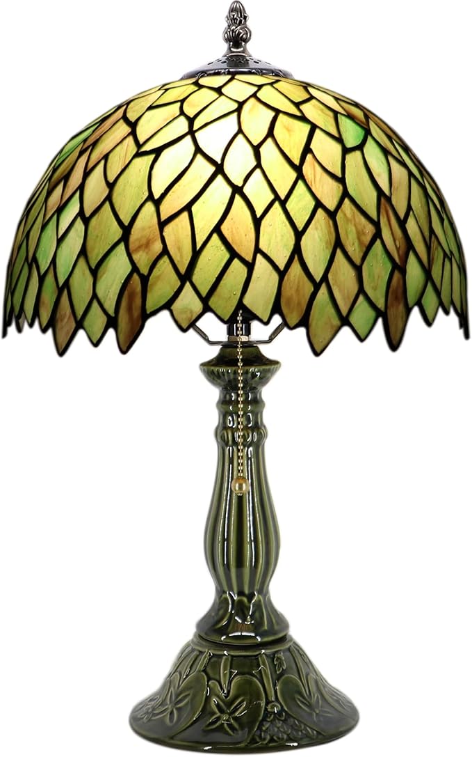 Tiffany Lamp Stained Glass Table Lamps Brownish Green Leafage Style Desk Lamp 12X12X18.5 Inch Bronze Ceramic Base Reading Light Suitable for Bedside Bedroom Living Room Dining Room Office