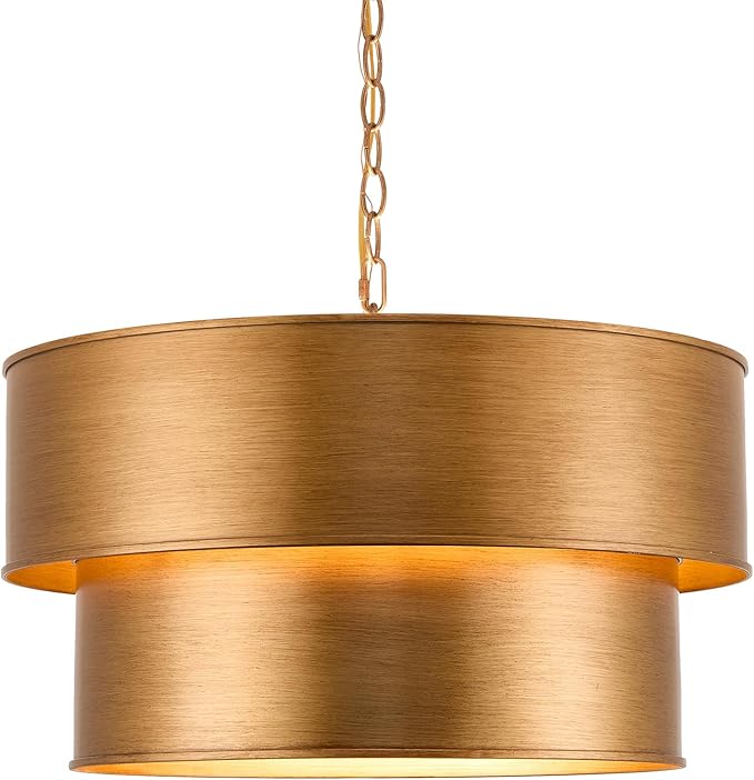 Gold Chandelier Light Fixture, 21" Drum Chandeliers with 2-Layer Antique Bronze Metal Shade, 6-Lights Large Pendant Light Fixture, Chandeliers for Dining Room Bedroom Living Room Kitchen Island Foyer