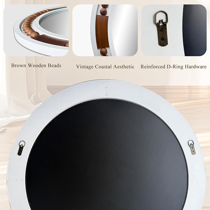 32 Inch Round Boho Wall Mirror, Large Rustic Coastal Wall Decor with White Wood Frame and Brown Bead Accents,Farmhouse Decorative Mirror for Entryway, Bedroom, Living Room