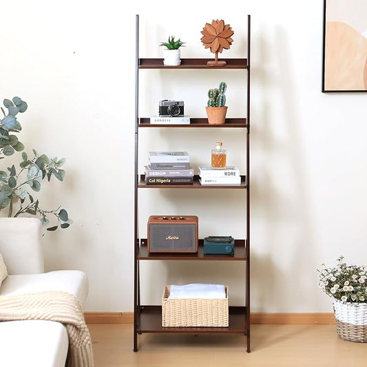 DOUSY-5-Tier Ladder Shelf Bookcase, Bamboo Ladder Bookshelf Leaning Book Shelf, Freestanding Storage Shelf Boho for Living Room, Home Office, Bedroom, Balcony, Walnut