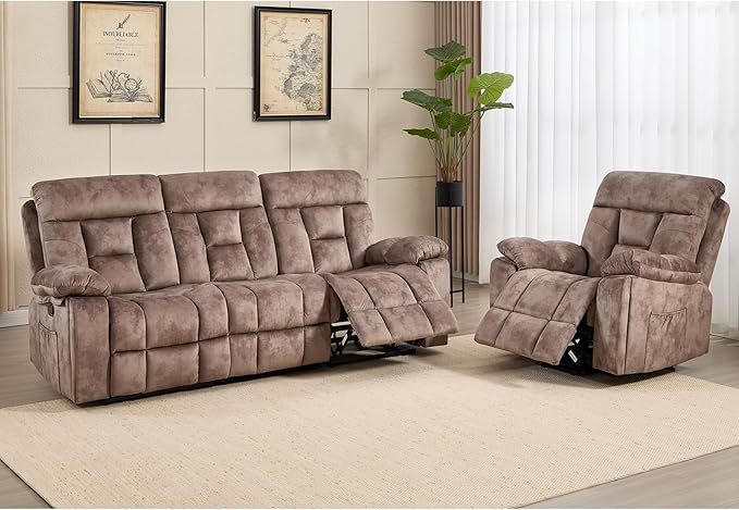 CANMOV Recliner Sofa Set, Power Lift Recliner with Massage&Heat and 3 Seat Sofa, Reclining Sofa with Overstuffed Armrest, Hidden Cup Holders, for Living Room, Camel-Brown