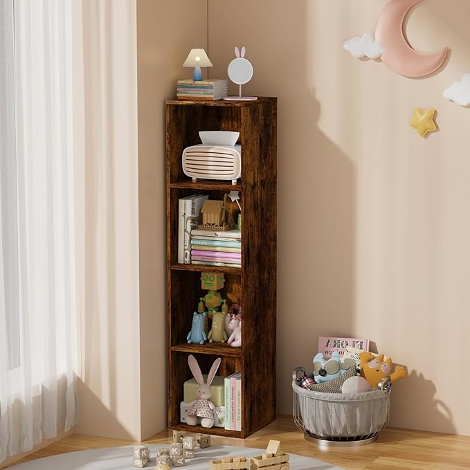 4 Tier Bookshelf, Freestanding Corner Storage Shelve Book Case for Narrow Space, 4 Cube Storage Organizer Small Bookcase for Home Office Living Room (Retro Brown, 4 Cube)