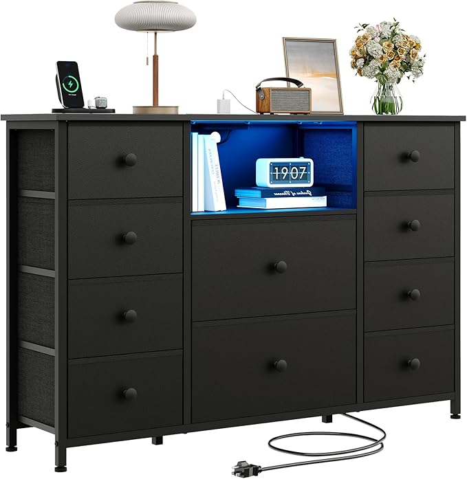 Dresser for Bedroom with 10 Drawers, Black Storage Organizer TV Stand for 55" TV with LED Lights and Sockets, Fabric Chest of Drawers with PU Finish for Kid Room, Entryway, Living Room, Hallway