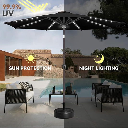 10FT Solar Umbrella Outdoor - Lighted Solar Patio Umbrella with 40 LED Lights Waterprool UV Protection, Table Umbrella with Tilt for Pool, Porch, Garden, Deck, Backyard (Black)